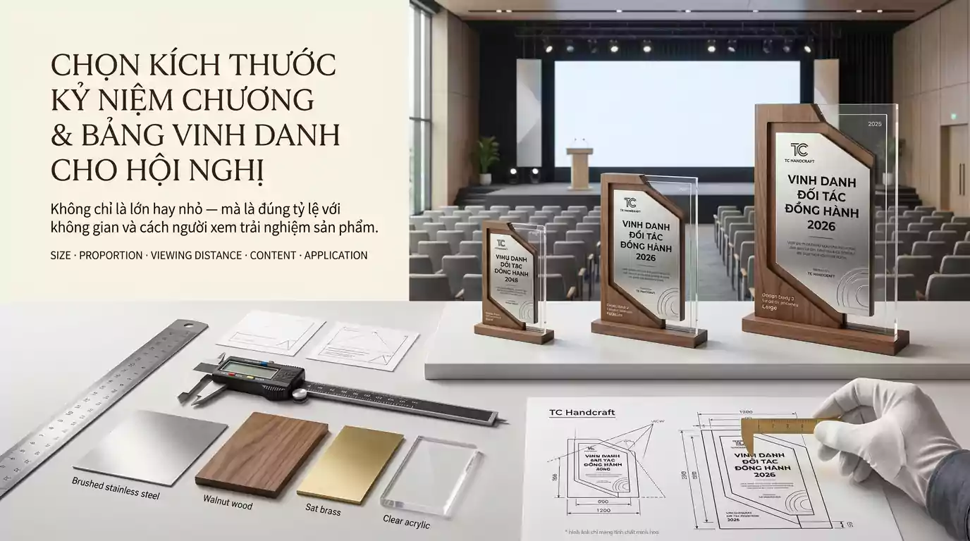 Kỷ niệm chương và bảng vinh danh hội nghị được thiết kế với kích thước phù hợp bối cảnh trao tặng