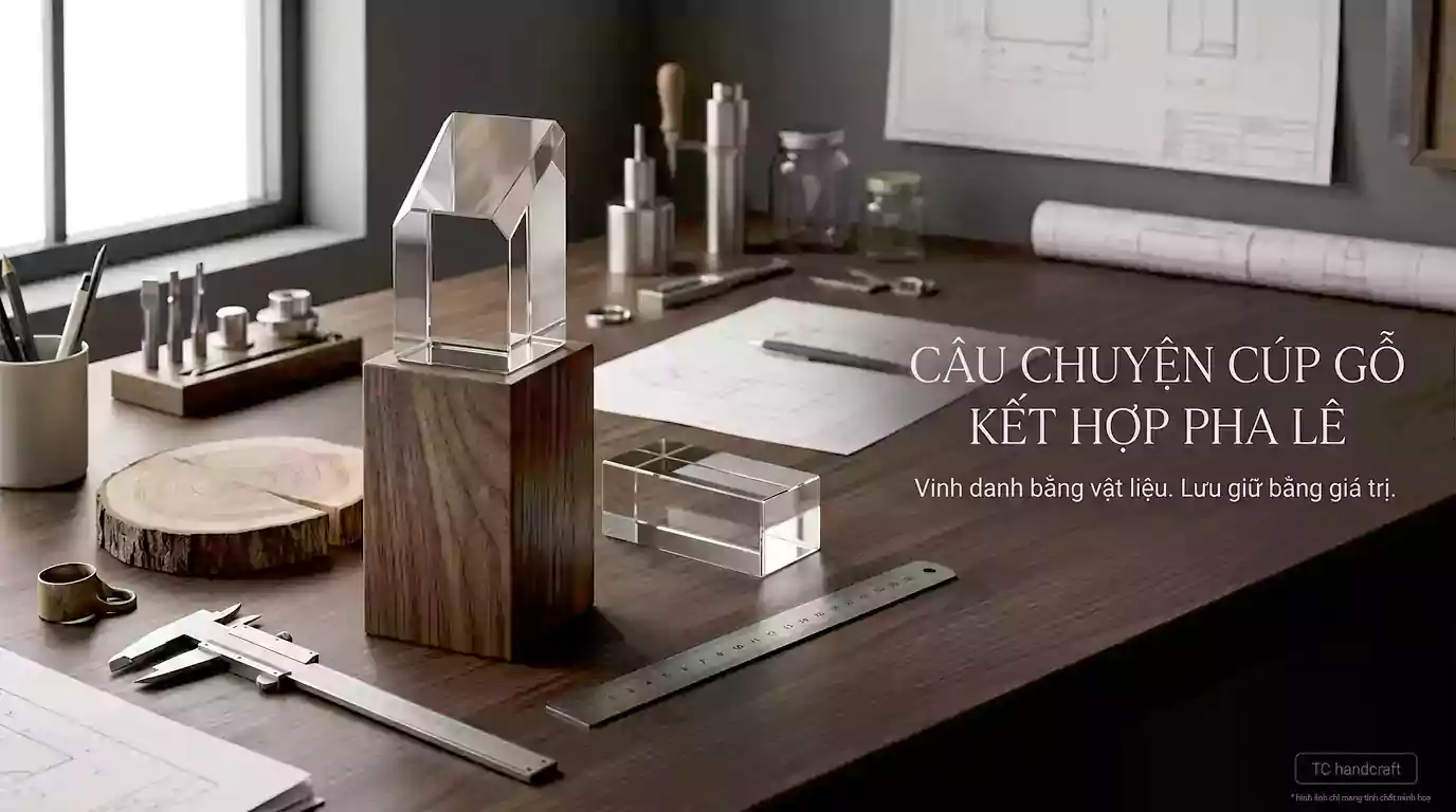 Cúp vinh danh kết hợp đế gỗ hương và khối pha lê K9 khắc laser logo