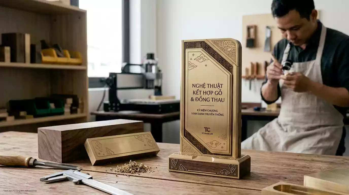 kỷ niệm chương kết hợp giữa gỗ và đồng thau.