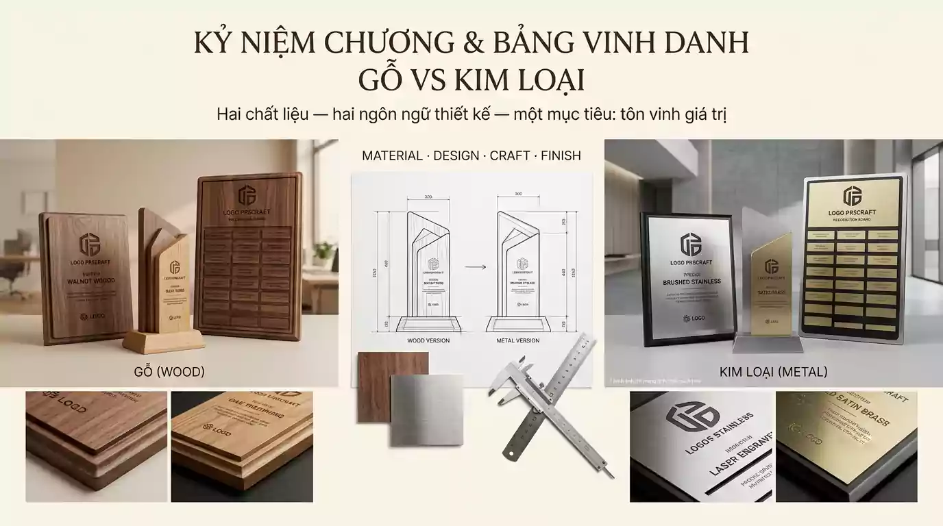 So sánh kỷ niệm chương gỗ ấm áp và bảng vinh danh kim loại sang trọng